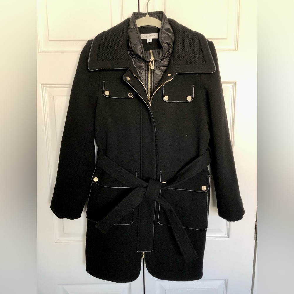 Via Spiga Women's Black and Gold Belted Wool Blend Coat Jacket Size 4